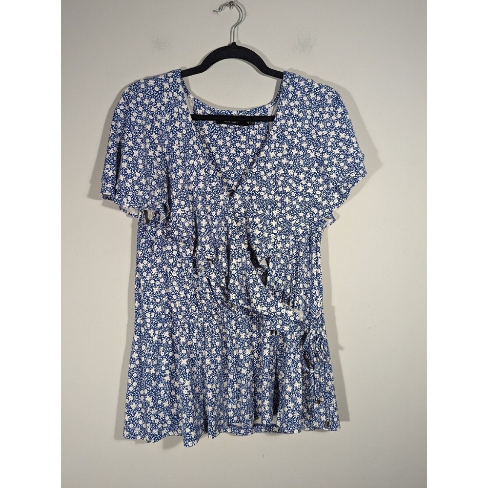 LAUREN Ralph Lauren Blue Floral Print‎ Faux Wrap Ruffle Top Women Size XL